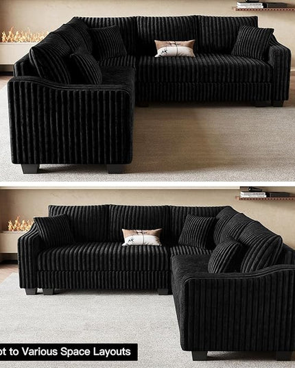 Belffin Convertible Sectional Couch with Chaise Corner Sectional Sofa L Shaped Couch Reversible Corner Upholstered Couches for Living Room Corduroy (Black, V Shaped)