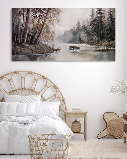 HGUAOA Mountain Canvas Wall Art Rustic Lake Landscape - Nature & Forest Scenery Paintings Pictures for Living Room & Bedroom Wall Decor Vintage Artwork for Walls