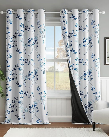 Beauoop Floral 100% Blackout Curtains 90 Inches Long 2 Panels for Bedroom Living Room Navy Blue and White Flower Patterned Room Darkening Thermal Soundproof Grommet Window Treatments Drapes, 52X90