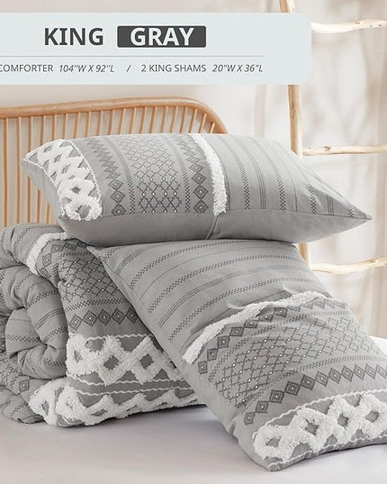 INK+IVY Comforter for King Size Bed, Chenille Tufted, Breathable Cotton Comforter Set King, All Season Modern Boho Comforter with Farmhouse Bedding Flare, 2 Matching Shams, King Gray 3 Piece