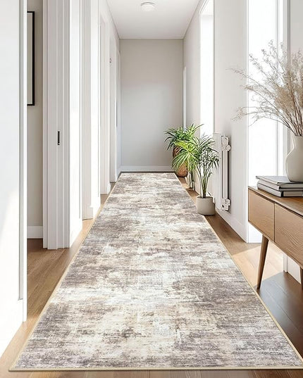 IOHOUZE Abstract Runner Rug 3x16 Ft Long Washable Runners for Hallways, Non Slip Kitchen Runner Printed Faux Wool Entryway Runner Indoor, Modern Abstract Floor Carpet for Hall Stair, Beige Brown