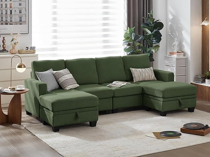 CHIC HOUSE Corduroy Modular Sectional Couch with Ottoman Chaise, L/U Shaped Sleeper Sofa for Living Room, Apartment, Lounge, Modern Armrest Neck Support Furniture (6 Seater Sectional, Green)