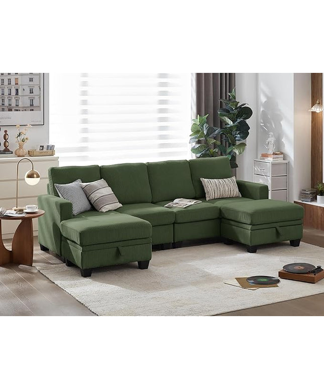 CHIC HOUSE Corduroy Modular Sectional Couch with Ottoman Chaise, L/U Shaped Sleeper Sofa for Living Room, Apartment, Lounge, Modern Armrest Neck Support Furniture (6 Seater Sectional, Green)