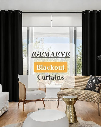 Black Blackout Curtains 96 Inch Length 2 Panels Set, Black Out Curtains for Bedroom 96 Inch Long, Grommet Energy Saving Room Darkening Drapes for Living Room Window(W52 x L96)