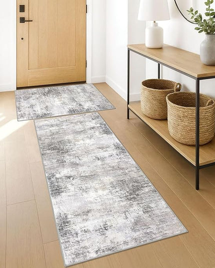 IOHOUZE Abstract Area Rugs and Runners Sets 2x3 and 2x5 Ft, Washable Entryway Rug and Runner Set, Non Slip Kitchen Rug Set, Printed Faux Wool Modern Floor Carpet for Hall Kitchen Entrance, Grey Beige