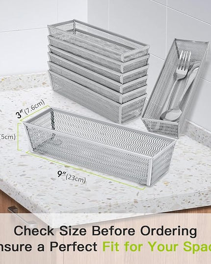 Neudeco Silverware Organizer,Mesh Drawer Organizer for Kitchen，Metal Utensil Organizer for Flatware, Knives, Spoons,Cosmetic (Silver 9 * 3 * 2 inch Pack6)