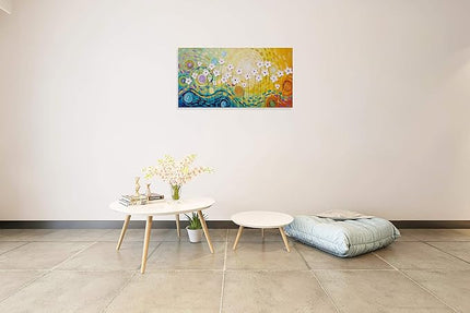 Yihui Arts Hand-Painted Textured Floral Wall Art, Vibrant Abstract Flower Canvas Painting with Thick Textures, Modern Boho Decor for Living Room Bedroom, Colorful Blooming Daisy Artwork