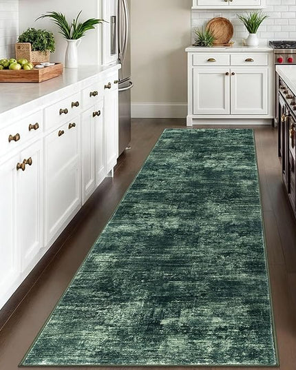 IOHOUZE Abstract Runner Rug 3x10 Ft Washable Runners for Hallways, Non Slip Kitchen Runner Printed Faux Wool Entryway Runner Indoor, Modern Abstract Floor Carpet for Hall Bedroom, Dark Green
