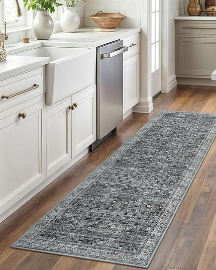 2x6 Runner Washable Rug for Hallways, Moss Charcoal Soft Neutral Vintage Kitchen Rugs with Non-Slip, Non-Shedding Distressed Floral Rug for Entryway Porch Kitchen Bedroom Laundry