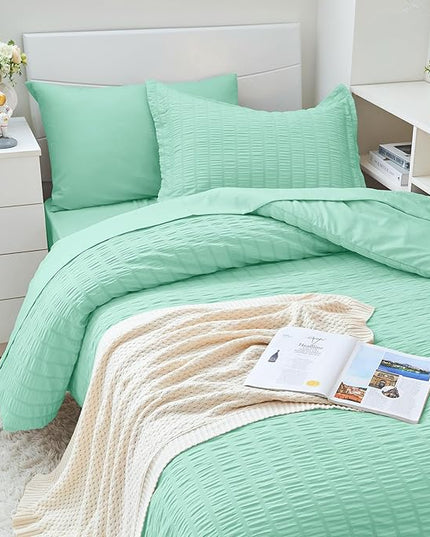 HYMOKEGE Mint Green Twin XL Comforter Set Seersucker 5 Pieces, All Season Luxury Bed in a Bag for Bedroom, Bedding Set with Comforter, Sheets, Pillowcase & Sham
