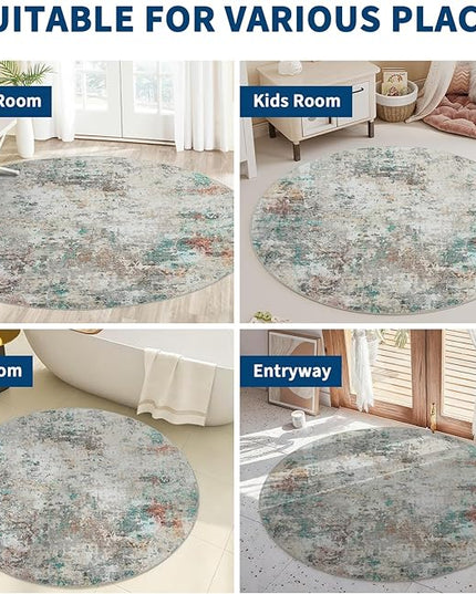 Modern Abstract 6x6 Round Area Rug Non Slip Non Shedding Rug Low Pile Stain Resistant for Bedroom Living Room Office Dining Room,Colorful