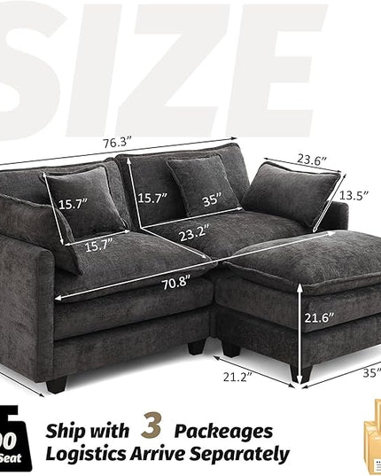 76'' Cloud Deep Seat Loveseat Sofa, Upholstered Chenille Modular 3-Seats Sectional Sofa Couch with Movable Ottoman, Modern Comfy Settee Loveseat for Living Room Set, Small Apartment, Dark Grey
