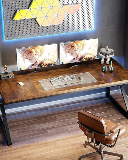 HSH Large Rustic Brown Computer Desk, 70 Inch Home Office Metal Wood Desk for 2 Person, Farmhouse Extra Long Writing Study Gaming Table, Bedroom Living Room PC Laptop Dual Monitor Desk