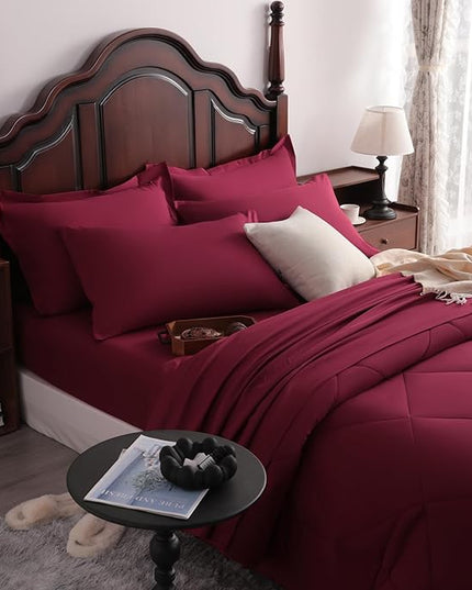 NTBAY Queen Comforter Set with Sheets, 7 Pieces Soft and Breathable Queen Bedding Set, Bed in a Bag, Down Alternative Comforter Set Solid Color All Season, Queen Bedding Set, Wine Red
