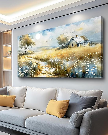 KELIYUAN Large Country Field Painter House Decorated Wildflower Field Landscape Painting Living Room Decorated Wall Art Modern Print Canvas Farmhouse Office Bedroom Wall Decorated 30 X 60 Inches