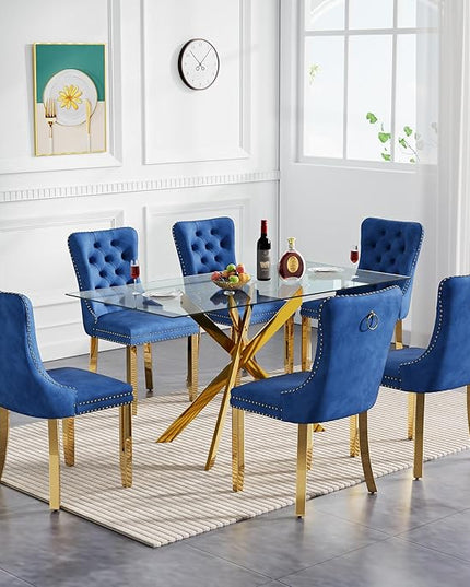 60" Glass Dining Table Set for 6, Modern Dining Room Table Set for 6, Gold X-Shape Pedestal Glass Table with 6pcs Blue Dining Chairs, 7 Piece Dining Set for Dining Living Room