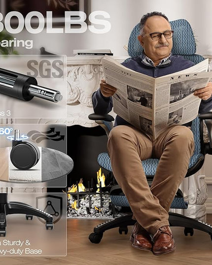 ELABEST X100 Ergonomic Office Chair with Footrest, Big and Tall Home Desk Chair with 5D Flip-Up Arms, Adjustable 3D Lumbar Support,High Back Rolling Computer Chair, Swivel Mesh Chairs (Oaxaca Blue)