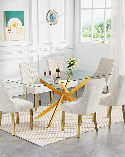 Rectangle Glass Dining Table Set for 6, 60'' Kitchen Table and Chairs Set, 7PCS Modern Dining Room Table Set with 6 Dining Chair for Home