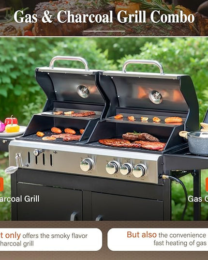 Sophia & William Charcoal and Propane Gas Grill Combo with Side Burner & Porcelain-Enameled Cast Iron Grate, Dual Fuel BBQ Grill for Outdoor, Barbecue Grill, 690 SQIN Cooking Area