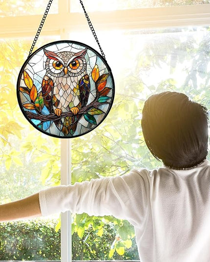 Stained Glass Window Hanging, Owl Colorful Leaves Birds Sun Catchers Diamond Glass Panel Hangings Suncatcher Decor for Birthday for Women, Men, Wife, Aunt, and Mom 7.8 in
