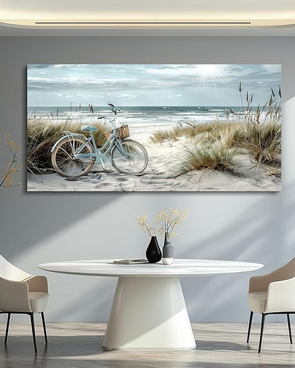 FUHAIHUA Wall Art For Living Room Canvas Decor For Bedroom Modern Office Decorations Blue Beach Bicycle Seascape Paintings Ocean Landscape Pictures Artwork Ready To Hang Home Decor
