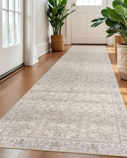 2.6x10 Washable Runner Rug for Kitchen, Cream Beige White Grey Soft Classic Runner with Non-Slip, Non-Shedding Distressed Floral Rug for Hallways Entryway Bedroom Laundry Indoor