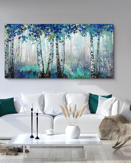 Large White Birch Forest Wall Art Decor Canvas Picture Print Blue Green Tree Blue Maple Leaf Plant Living Room Bedroom Bathroom Office Modern Framed Artwork Home Kitchen Decoration