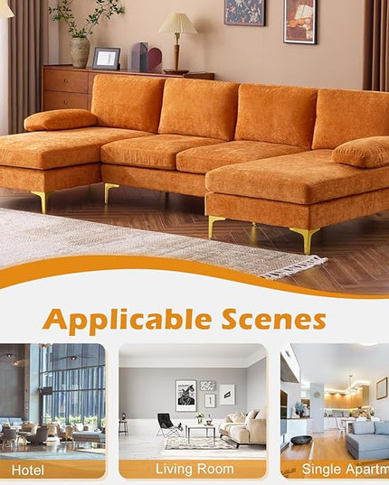 VINGLI 110" Sectional Couches for Living Room,U Shape Couch with Double Chaise, 4-Seat Sofa Set with Chenille Fabric for Home Furniture,Burnt Orange