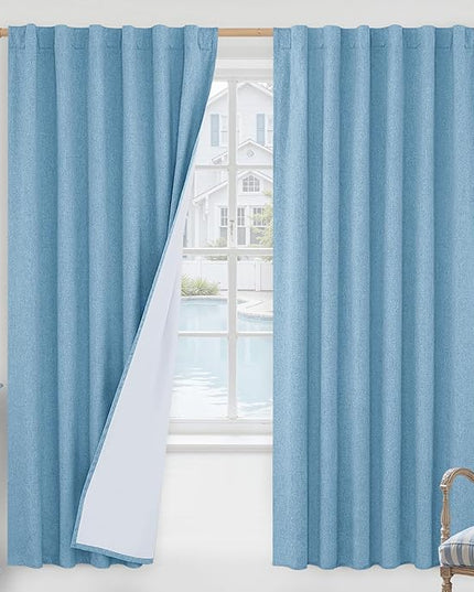 LAMIT 100% Blackout Linen Curtains, 72 Inches Linen Textured Thermal Bedroom Curtains Back Tab and Rod Pocket Neutral Panels with White Liner for Boys' Room, 2 Panels, 52 x 72 Inch, Blue