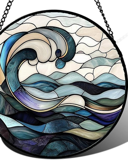 Stained Glass Window Hanging, Ocean Waves Sun Catchers Diamond Glass Panel Hangings Abstract Suncatcher Decor for Birthday for Women, Men, Wife, Aunt, and Mom 11.8x11.8 in