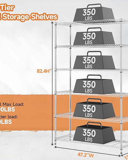 6 Tiers Storage Shelves Load 2100LBS, Metal Shelving Wire Metal Shelving Unit Shelves for Storage Adjustable Garage Shelving for Pantry Kitchen Garage Chrome 17.7" D x 47.3" W x 82.4" H