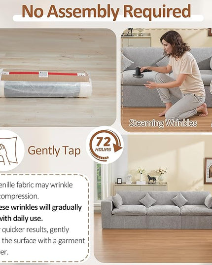115''Cloud Boneless Sectional Couch, Modular Sectional Sofa Deep Seat, Oversized Upholstered Convertible Comfy 3 Seater Chenille Memory Foam Sofa Couches for Living Room, Light Grey