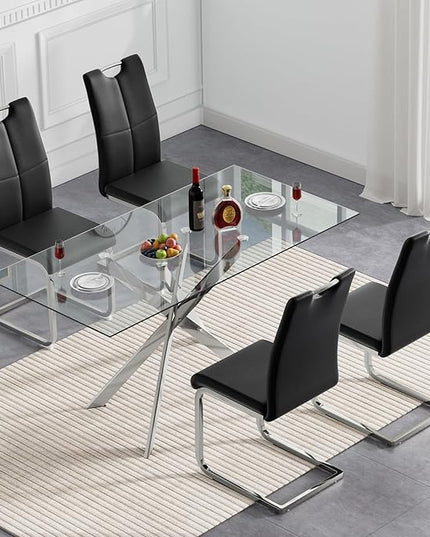 HomVent 5 Pieces Rectangular Glass Dining Table Set, Glass Kitchen Table Set for 4 Dinner Table Set with 4 PU Dining Chairs for Kitchen Dining Room