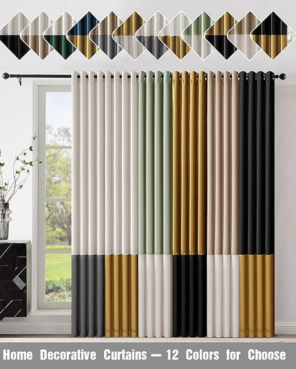 BULBUL Black Champagne Color Block Window Curtains Panels 96 inches Long Velvet Farmhouse Drapes for Bedroom Living Room Darkening Treatment with Grommet Set of 2