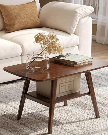 100% Solid Oak Wood Coffee Table for Living Room, 2-Tier Small Table with Storage Shelf, Mid Century Modern Coffee Tables (Walnut, 31.49" x 19.68" x 17.32")