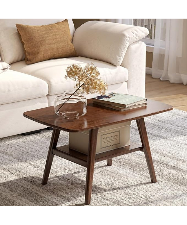 100% Solid Oak Wood Coffee Table for Living Room, 2-Tier Small Table with Storage Shelf, Mid Century Modern Coffee Tables (Walnut, 31.49" x 19.68" x 17.32")