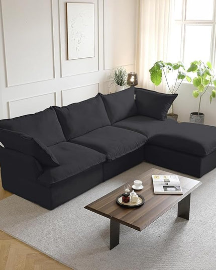 JACH L Shaped Sectional Couches for Living Room, Black Sectional Couch with Chaise Ottoman, Deep 3-Seats Modular Sofa, Cushion Covers Removable, Two Corners and A Middle Sofa for Living Room
