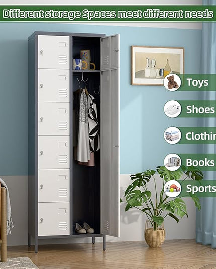 Aobabo 72" H Metal Lockable Storage Locker 7 Small Doors and 1 Big Door, Metal Lockers for empolyees with Hooks, for School Home Office Assembly Required, 8 Doors, Grey White