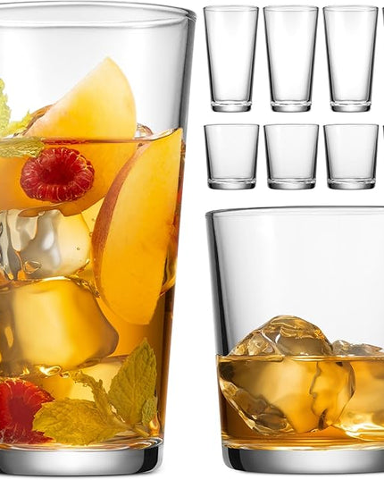 Glaver's Drinking Glasses Set of 8 Mixed Glassware Set, 4 Highballs 17 Oz., 4 Whiskey Glasses 13 Oz., Great For Cocktail Whisky and other Beverages. Dishwasher Safe.