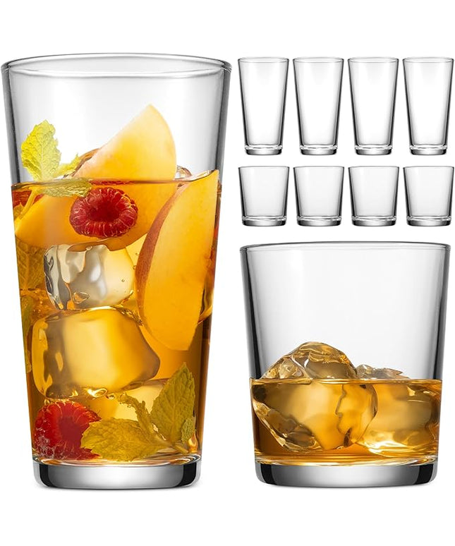 Glaver's Drinking Glasses Set of 8 Mixed Glassware Set, 4 Highballs 17 Oz., 4 Whiskey Glasses 13 Oz., Great For Cocktail Whisky and other Beverages. Dishwasher Safe.