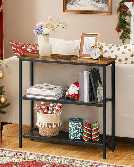 HOOBRO 29.5" Narrow Console Table, 3-Tier Entryway Table, Thin Sofa Table with Shelves, Side Table, Display Table, for Hallway, Entrance, Living Room, Bedroom, Rustic Brown and Black BF73XG01