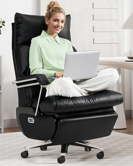 M80A Dual Motor Electric Executive Office Chair with Footrest, Comfortable Reclining Office Chair Wide Seat, Big and Tall Ergonomic Leather Home Office Desk Chair (Black,No Massage)