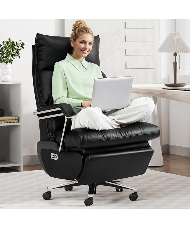 M80A Dual Motor Electric Executive Office Chair with Footrest, Comfortable Reclining Office Chair Wide Seat, Big and Tall Ergonomic Leather Home Office Desk Chair (Black,No Massage)