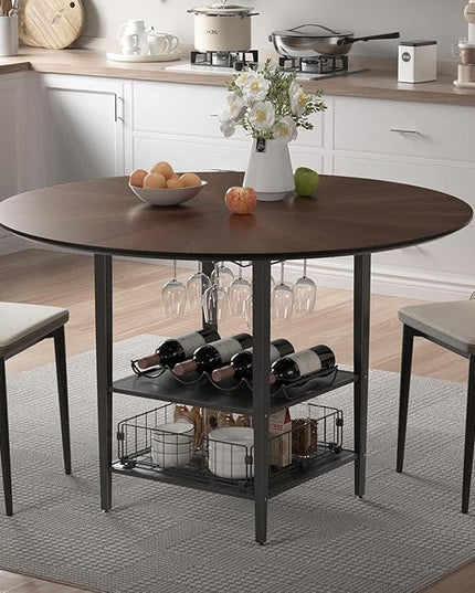 VFK 47" Round Kitchen Table Set with Storage Base & Metal Legs, 5-Piece Wooden Dining Set for 4 to 6 People, Includes 4 Upholstered Chairs for Dining Room, Living Room or Kitchen