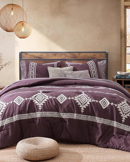 MaiRêve Embroidery Full Size Comforter Set Purple, Farmhouse Western Boho Bedding Set 7 Pieces, All Season Bed in A Bag Comforter Set with Sheets, Pillowcases & Shams