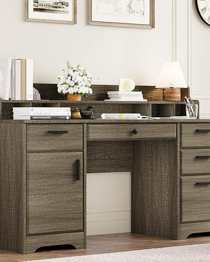 58 Inch Executive Desk with File Drawers, Computer Desk with Storage, Rustic Desk with Adjustable Shelves, Office Desk with Hutch for Bedroom, Grey