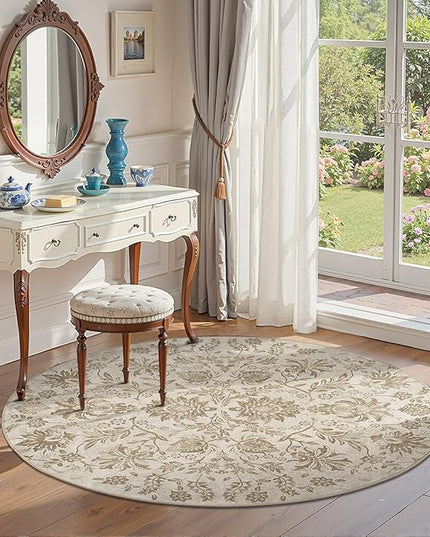 jinchan Torino Classic Floral Round Rug 5ft, Vintage-Inspired Neutral Design 5’Circle Rug, Machine Washable Ultra-Thin Low-Pile Non-Slip Indoor Carpet for Bedroom Living Room Entryway Taupe