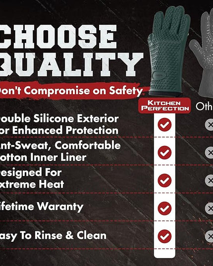 KITCHEN PERFECTION XL Silicone Smoker Oven Gloves-Extreme Heat Resistant BBQ Gloves-Handle Hot Food Right on Your Grill Fryer&Pit|Waterproof Grilling Cooking Baking Mitts|Superior Value Set+3 Bonuses
