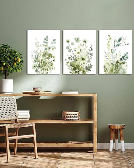 Boho Floral Canvas Wall Art Set of 3, Sage Green Wildflower Botanical Wall Decor Painting, Minimalist Watercolor Flowers Posters Prints for Bedroom Bathroom Living Room 12x16 In Framed