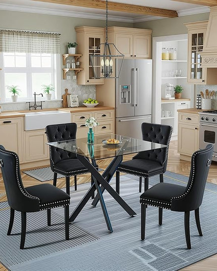 5 Piece Square Glass Dining Table Set for 4, Modern Dining Room Table and Chairs Set, Tempered Glass Top Kitchen Table with 4 Velvet Chairs, Space Saving Dining Set for Small Apartment or Home